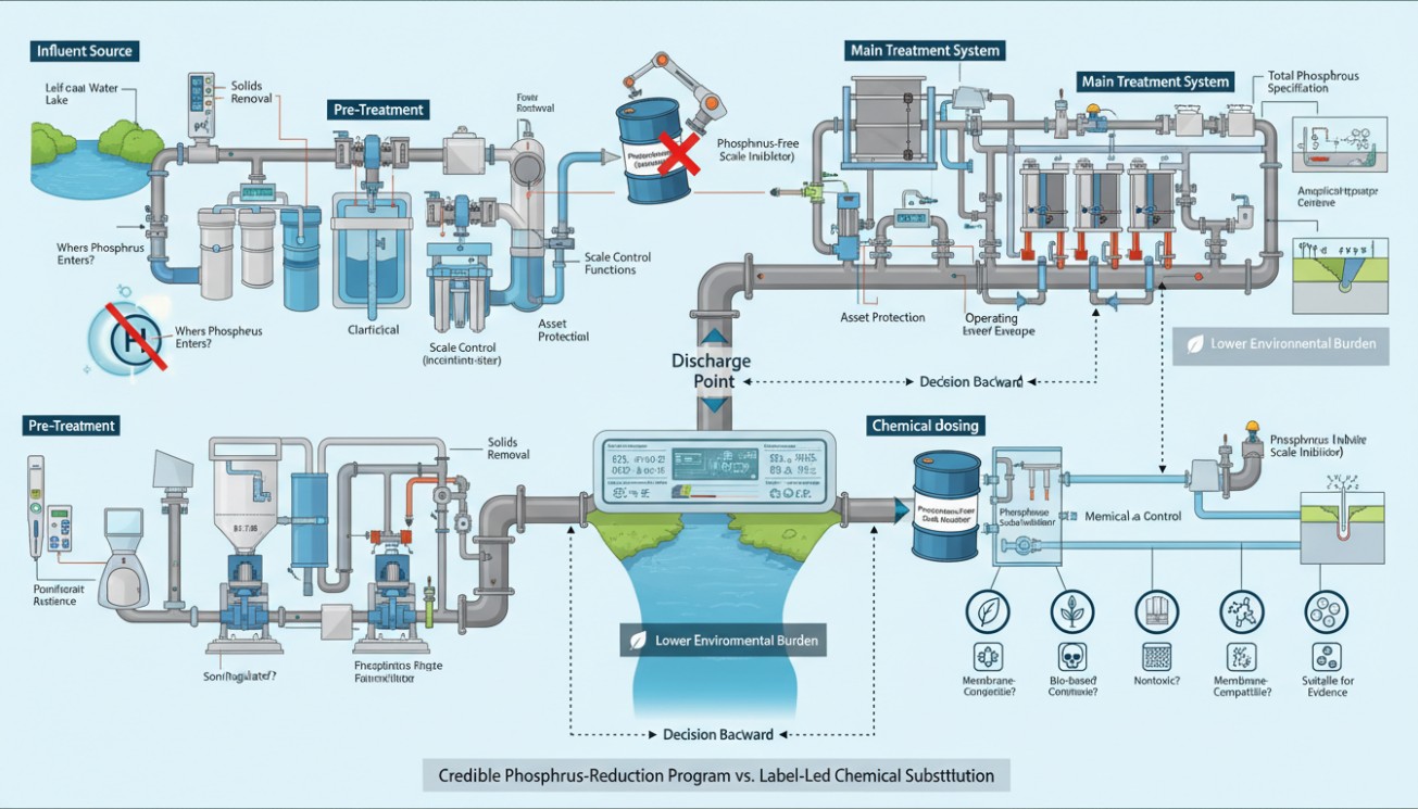 Industrial water treatment system tracing phosphorus-free scale control from discharge back to chemical dosing